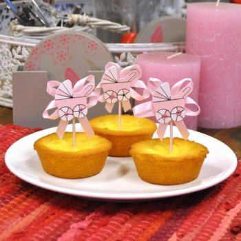 出産祝い カップケーキトッパー - ピンクのベビーカー (12個入)