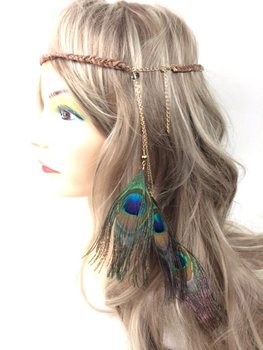編み込みヘアバンド ブラウン クジャクの羽付き | イビザ・ボヘミアン風 (1個)
