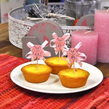 出産祝い カップケーキピック - ピンクのクマ (12個入)