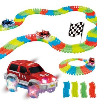 暗闇で光る車＆エレベーター付き MAGIC ROAD 拡張レーシングレールセット 136ピース