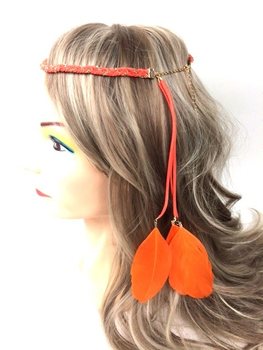 フェザー付き編み込みヘアバンド オレンジ (1個)