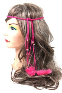 イビザ風ビーズ付きヘアバンド フューシャピンク (1個)