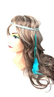 羽根付き伸縮性編みヘアバンド ターコイズ (1個)