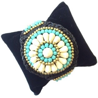 イビザ風ビーズブレスレット - ターコイズ&ホワイト(ハンドメイド)