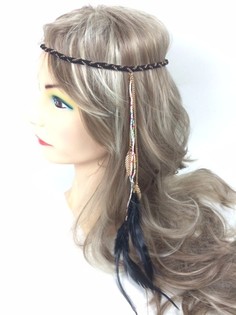 フェザー付き編み込みヘアバンド ブラック (1個)