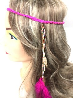 フェザー付き編み込みヘアバンド フューシャピンク (1個)