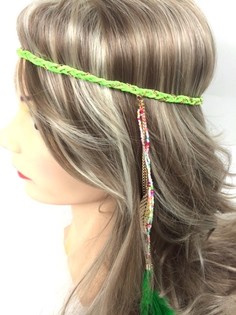 イビザ風 三つ編みフェザーヘアバンド - グリーン (1個)