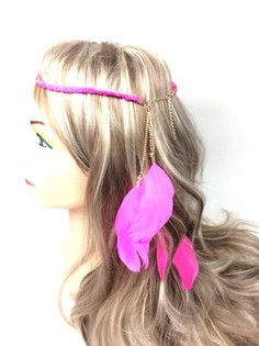 羽付き編み込みヘアバンド フューシャ (1個)