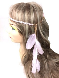 フェザー付き三つ編みヘアバンド ピンク (1個)