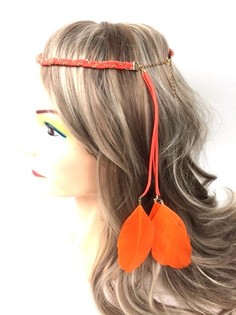 フェザー付き編み込みヘアバンド オレンジ (1個)