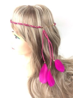 イビザ風 三つ編みフェザーヘアバンド - フューシャ (1個)