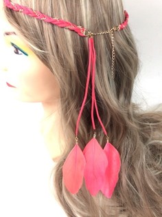 フェザー付き編み込みヘアバンド ピーチ (1個)