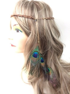 編み込みヘアバンド ブラウン クジャクの羽付き | イビザ・ボヘミアン風 (1個)