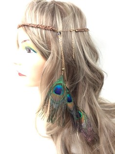 ピーコックフェザー付き編み込みヘアバンド ブラック（1個）
