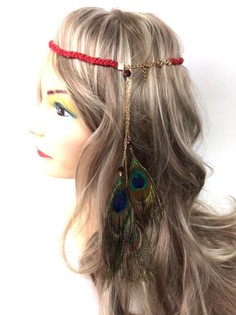 編み込みヘアバンド ボルドー ピーコックフェザー付き (1個)