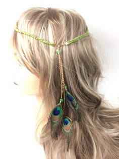 編み込みヘアバンド モスグリーン クジャクの羽付き (1個)