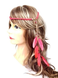 フェザー付き編み込みヘアバンド ピーチ (1個)